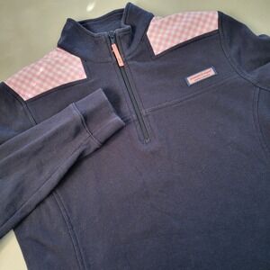 Vineyard Vines Pullover Sweatshirt Quarter‎ Zip Pink Gingham Shoulder Navy Small